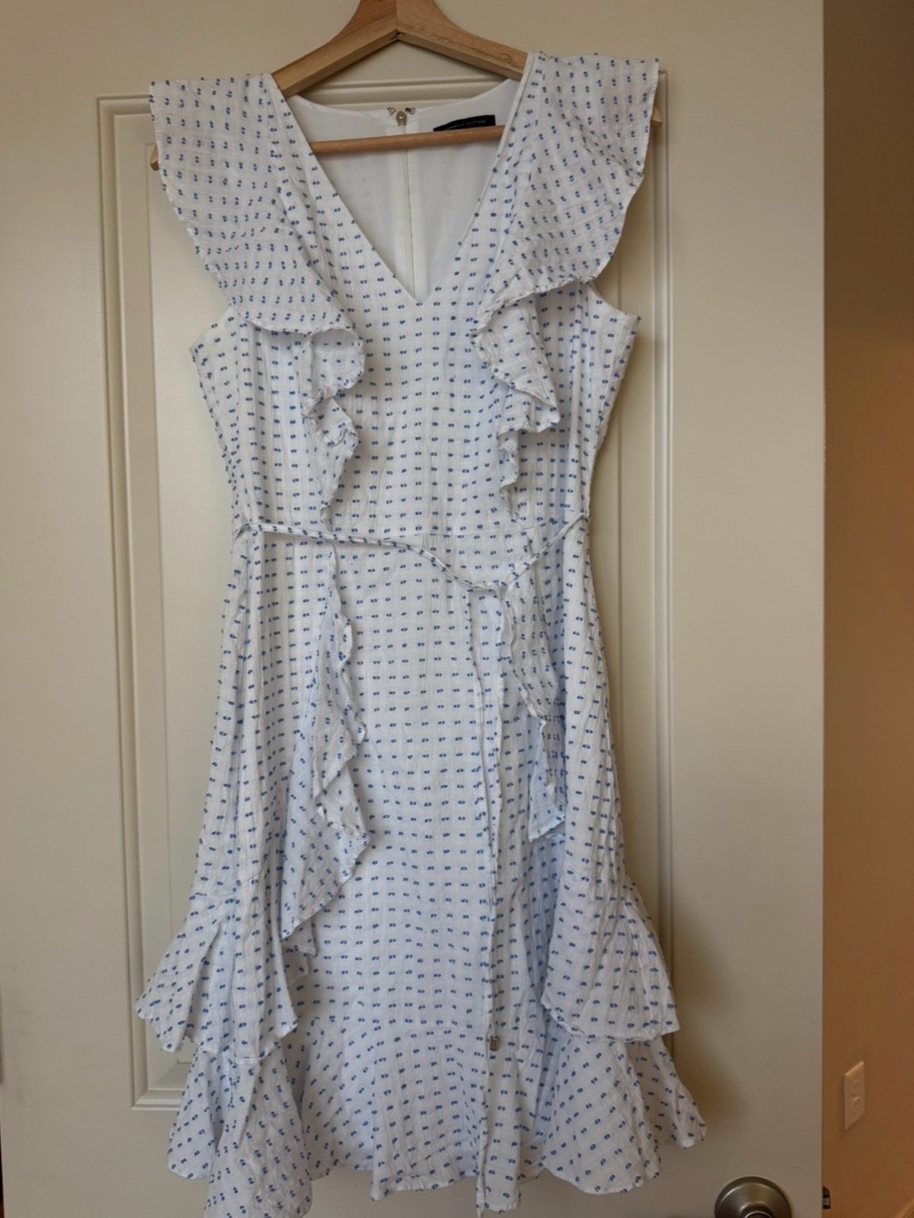 Tommy Hilfiger White Dress with Light Blue Dot Print and Ruffle Trim